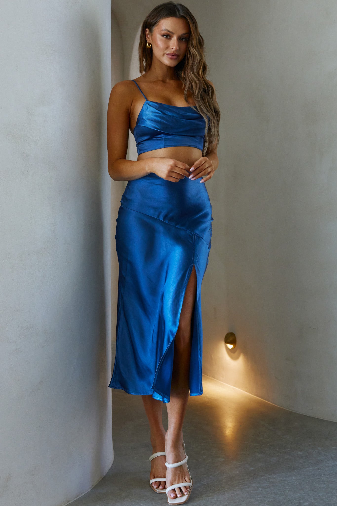 Well Versed Split Midi Skirt Navy by Selfie Leslie