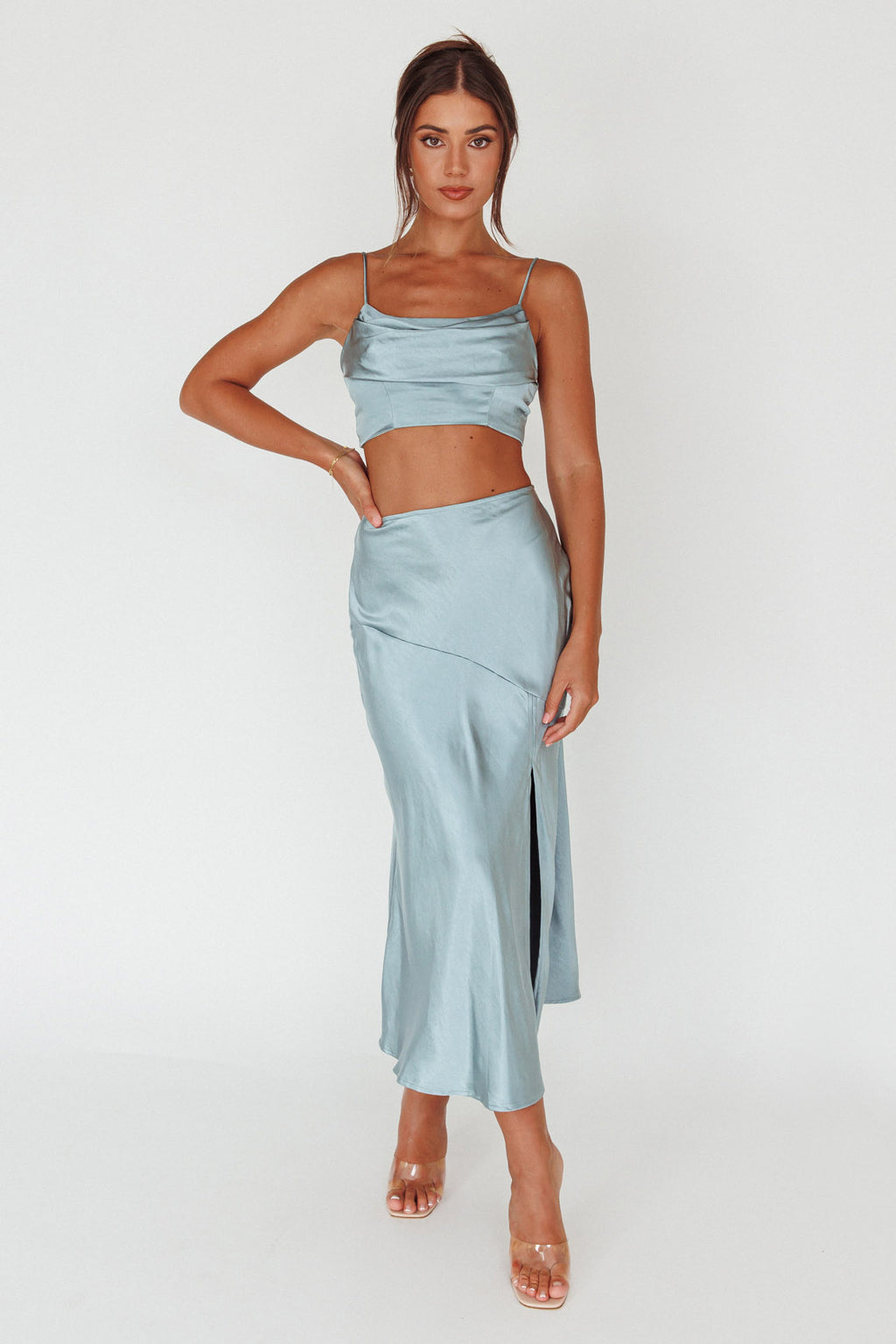 Well Versed Split Midi Skirt Sage by Selfie Leslie