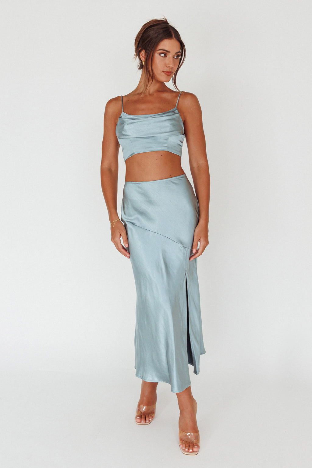 Well Versed Split Midi Skirt Sage by Selfie Leslie