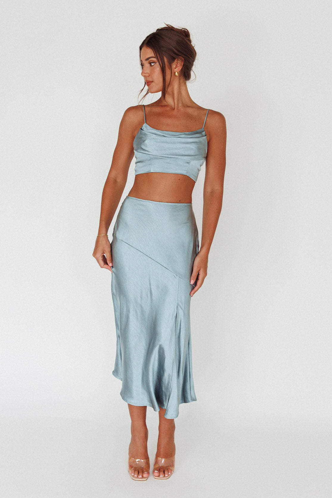 Well Versed Split Midi Skirt Sage by Selfie Leslie