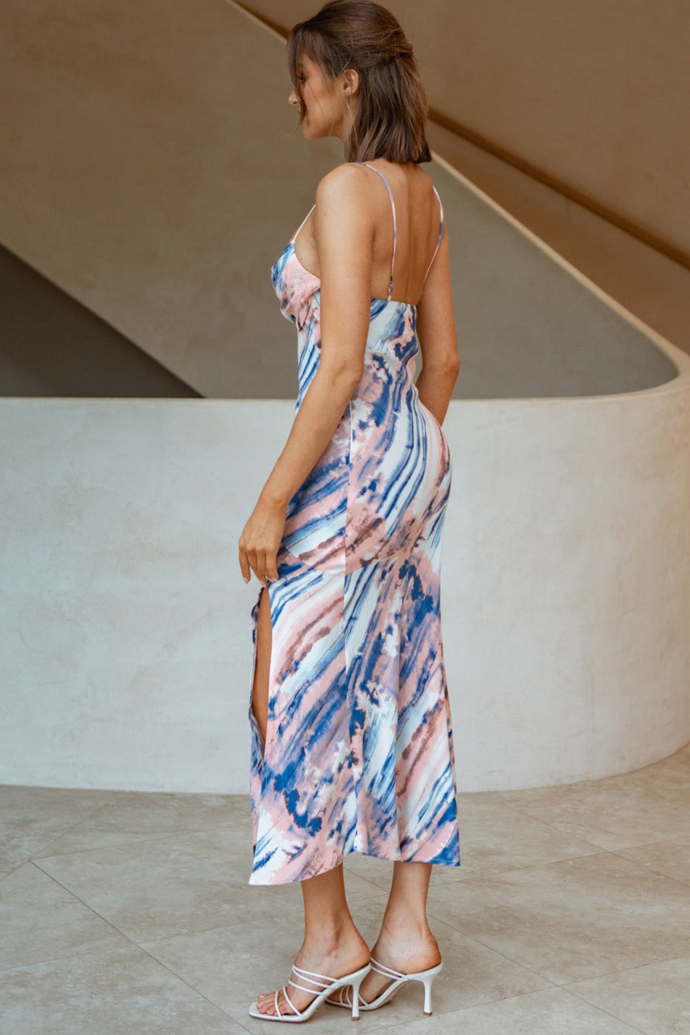 Well Versed Pleated Bust Front Split Dress Blue Multi by Selfie Leslie