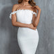 Senorita Off-Shoulder Lettuce Edge Ruched Knee Length Dress White