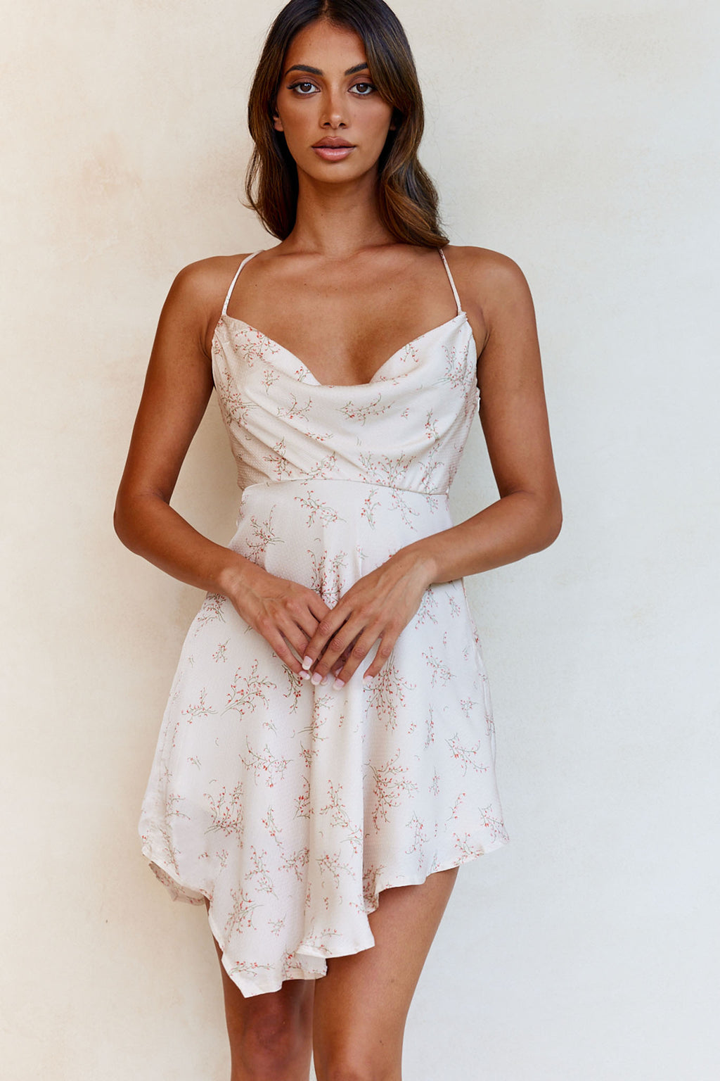 Angel Eyes Cowl Neck Asymmetrical Hem Mini Dress Floral Print Champagne by Selfie Leslie