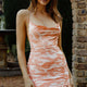 Harriet Mesh Overlay Ruched Mini Dress Leaf Print Orange