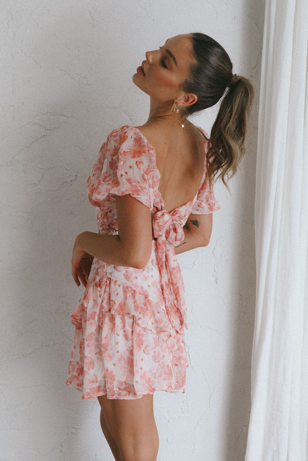 Joie Puff Sleeve Frill Dress Floral Pink by Selfie Leslie