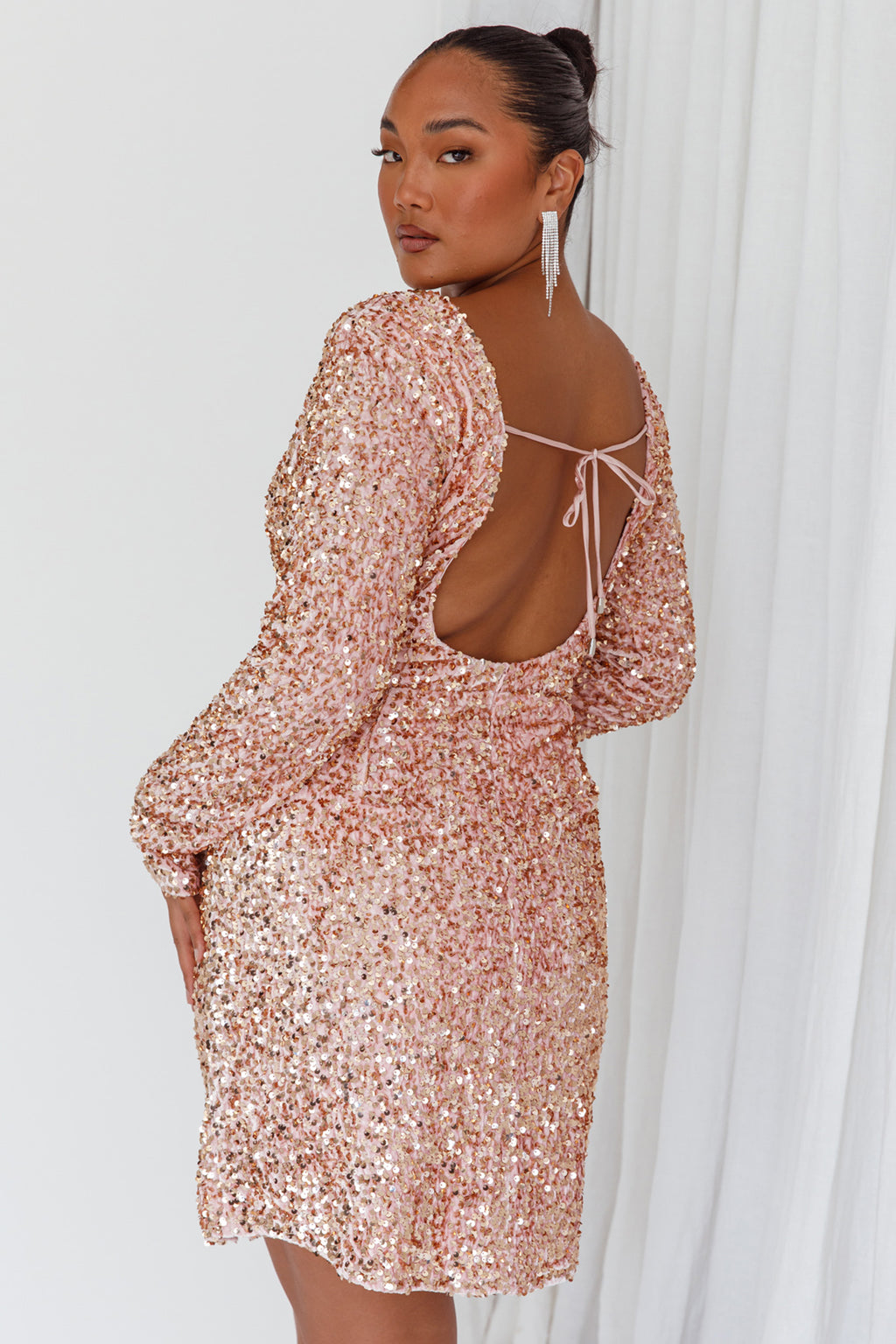 Demure Long Sleeve Open Back Dress Sequin Blush by Selfie Leslie