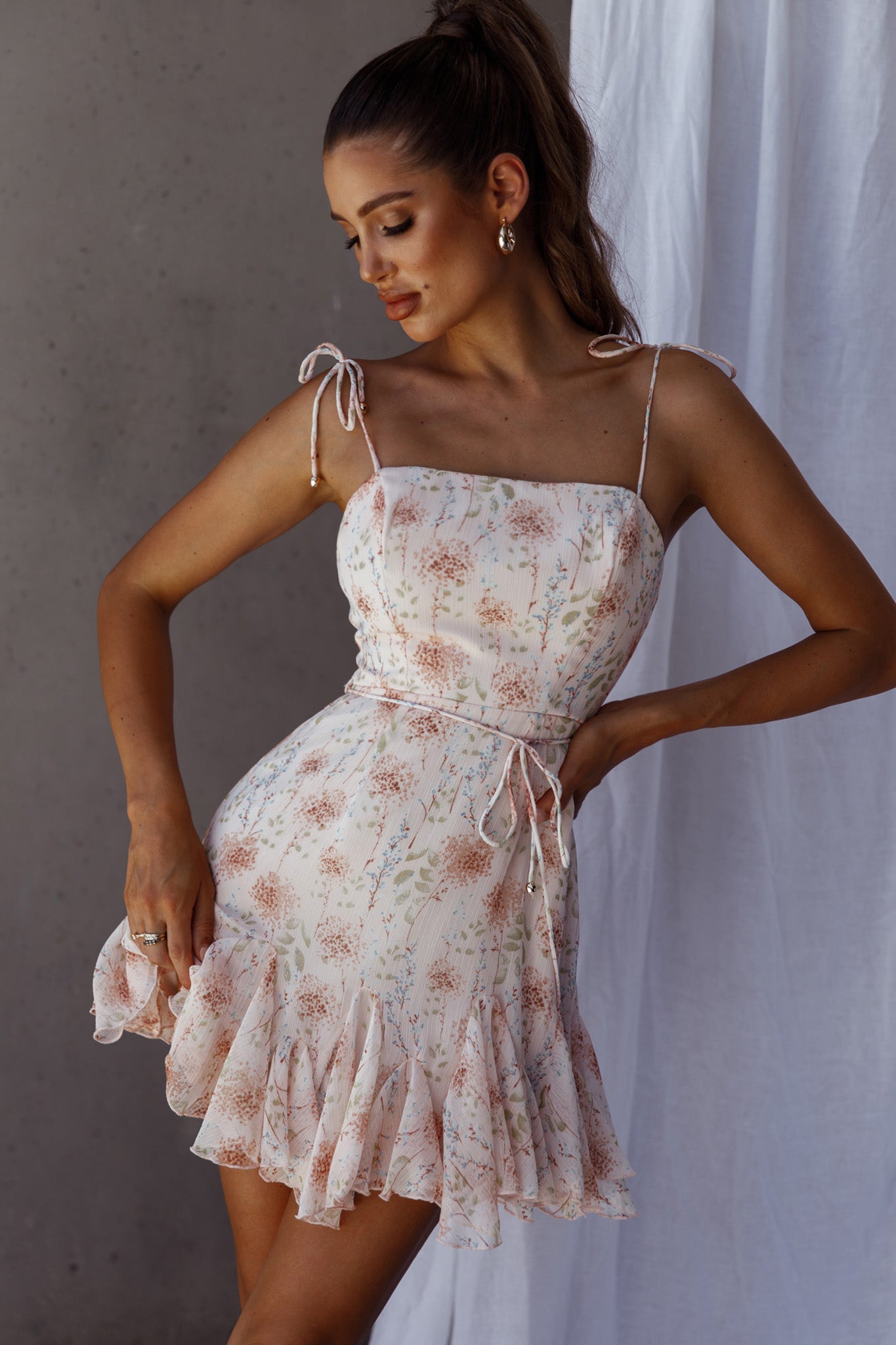 Charliza String Tie Godet Hem Dress Floral Peach by Selfie Leslie