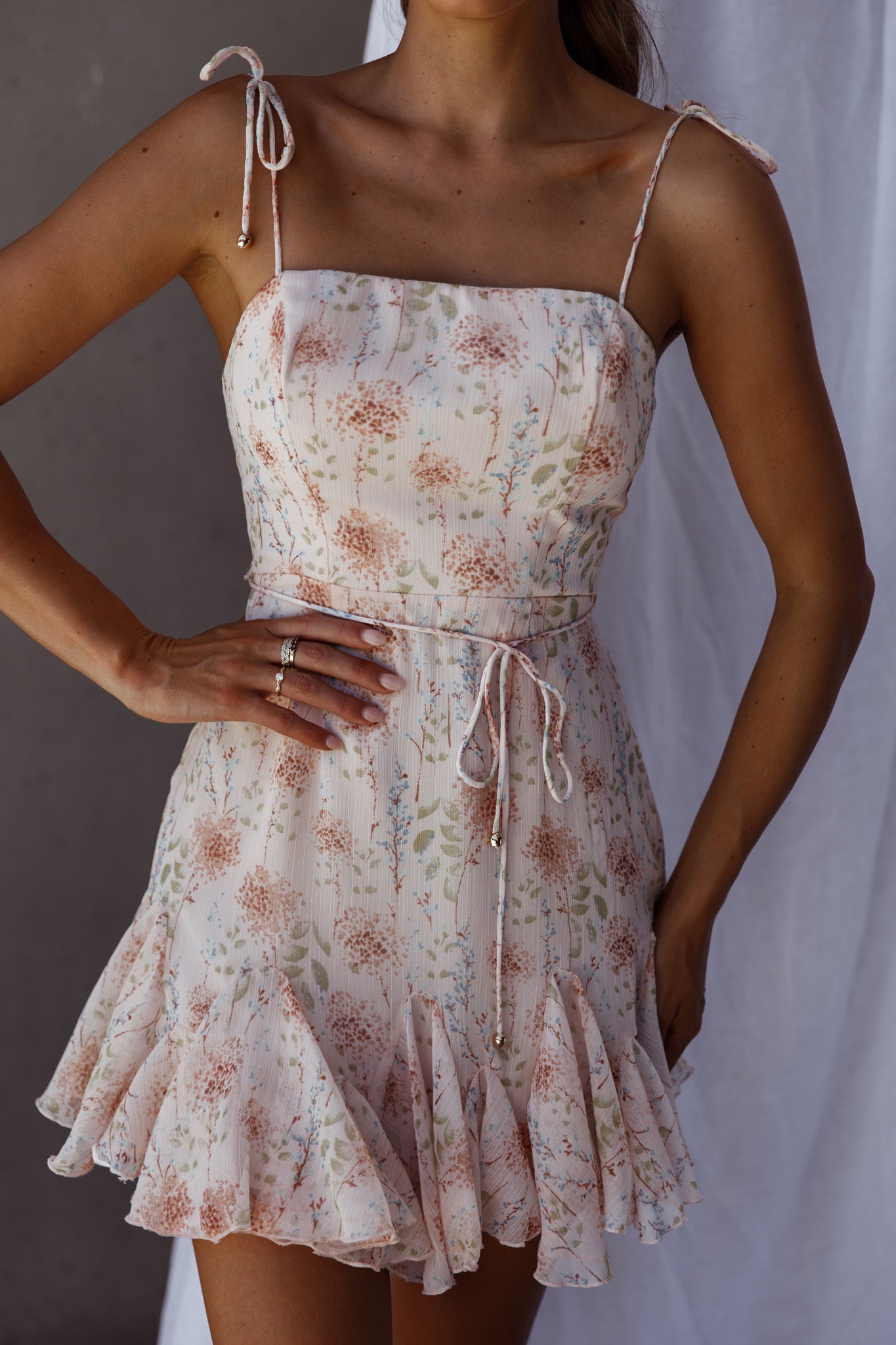 Charliza String Tie Godet Hem Dress Floral Peach by Selfie Leslie