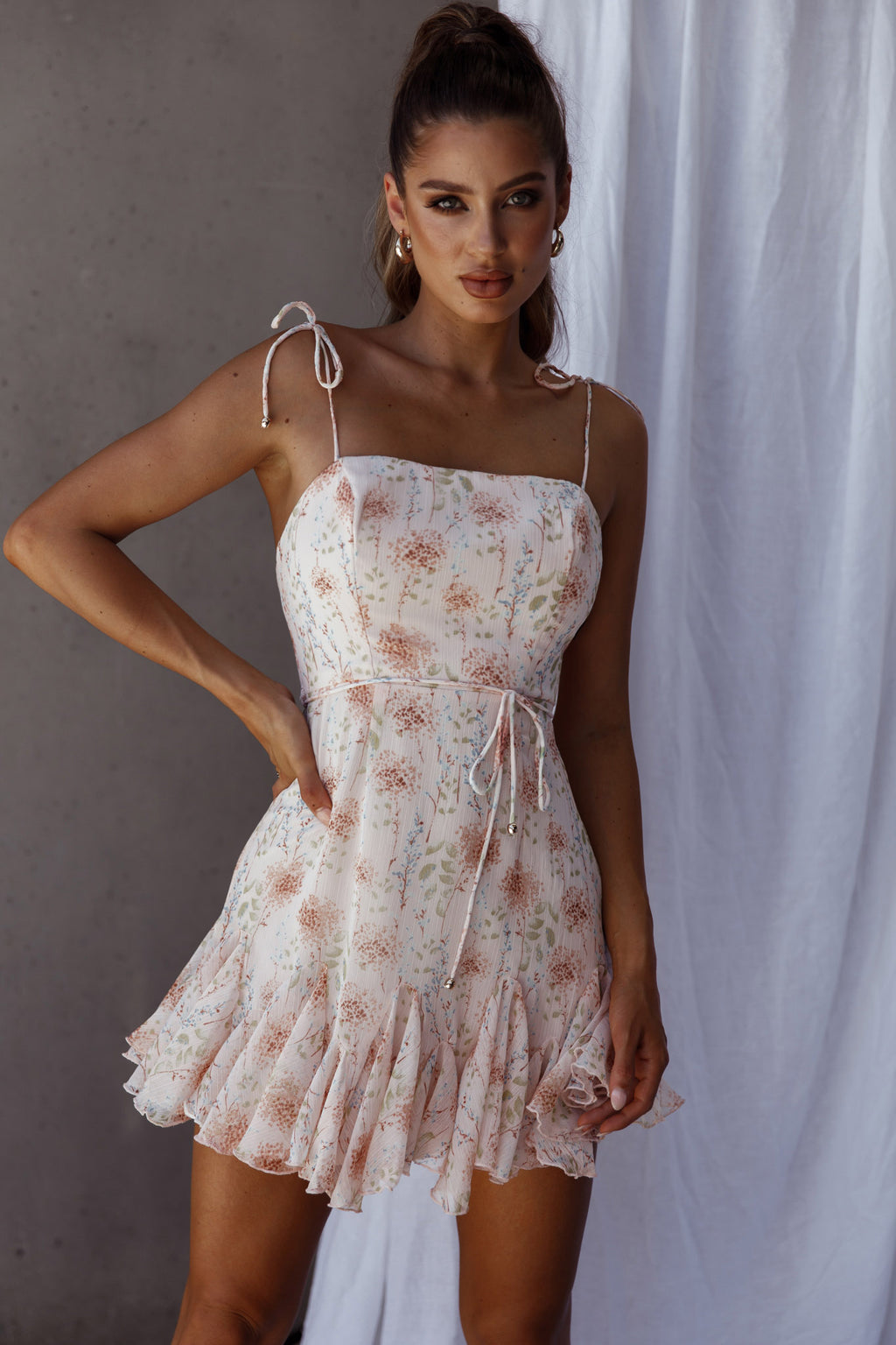 Charliza String Tie Godet Hem Dress Floral Peach by Selfie Leslie