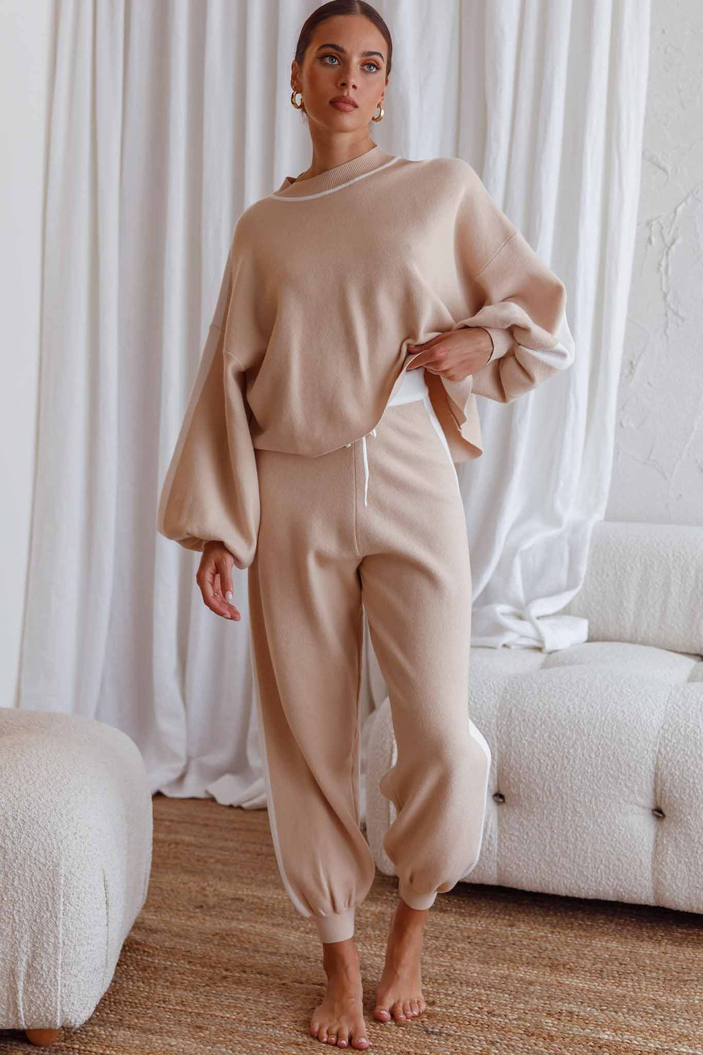Take Me Back Brushed Knit Jogger Pants Beige by Selfie Leslie