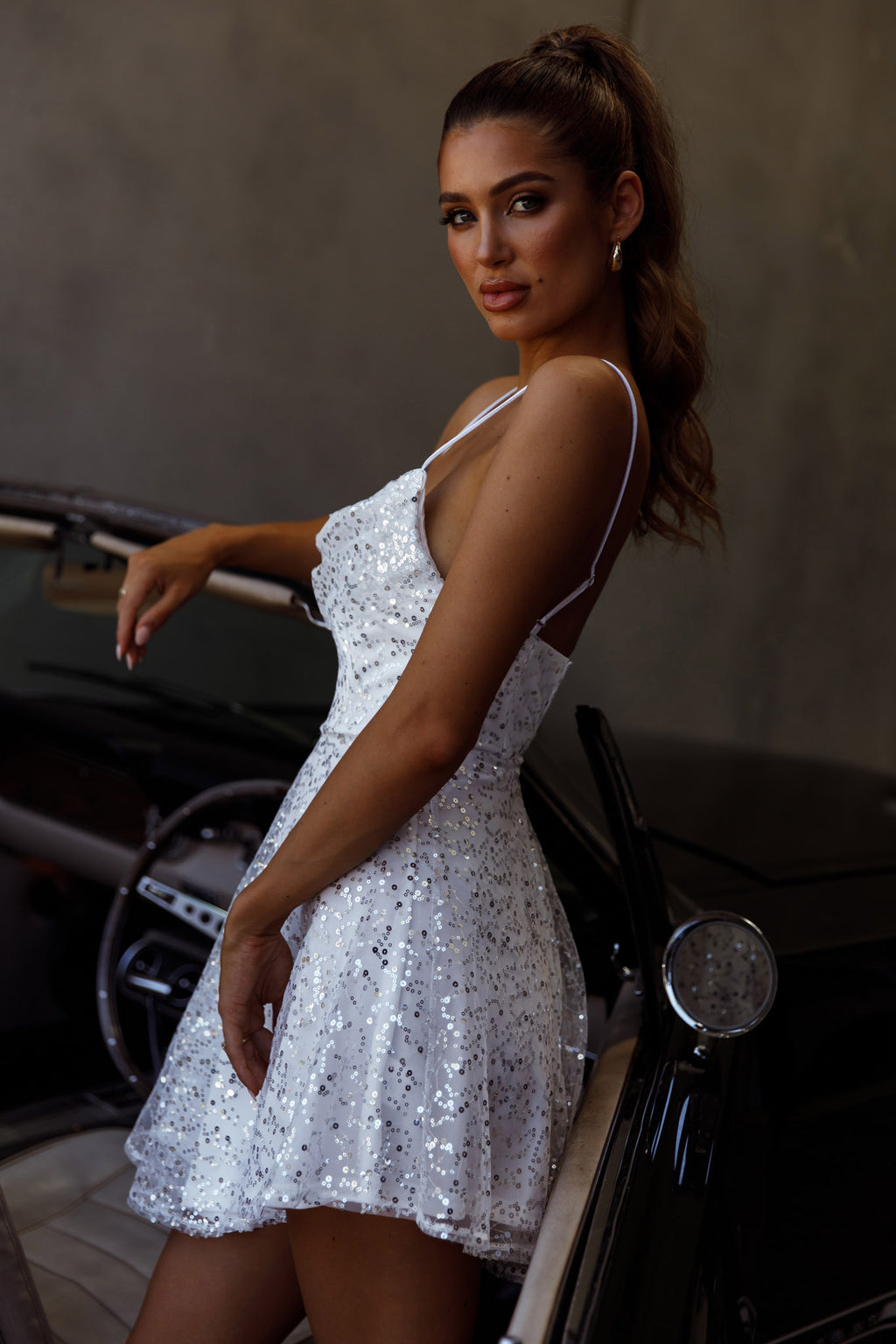 Marbella Sequin Embellished Scoop Neck Mini Dress White by Selfie Leslie