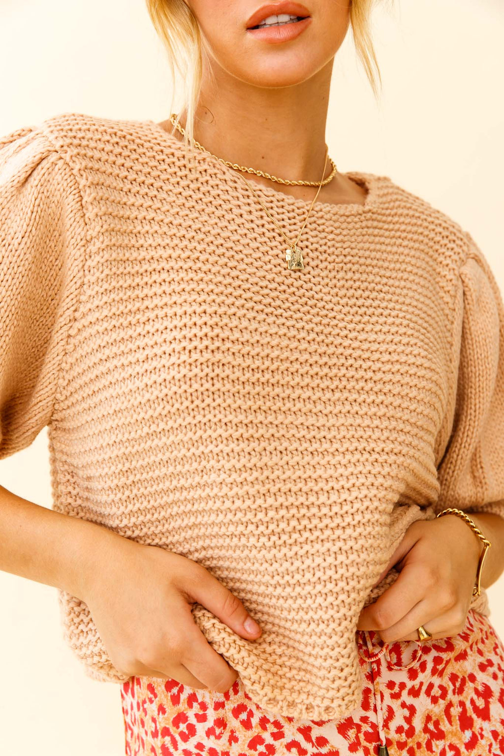 Marla Puff Sleeve Chunky Knit Top Beige by Selfie Leslie