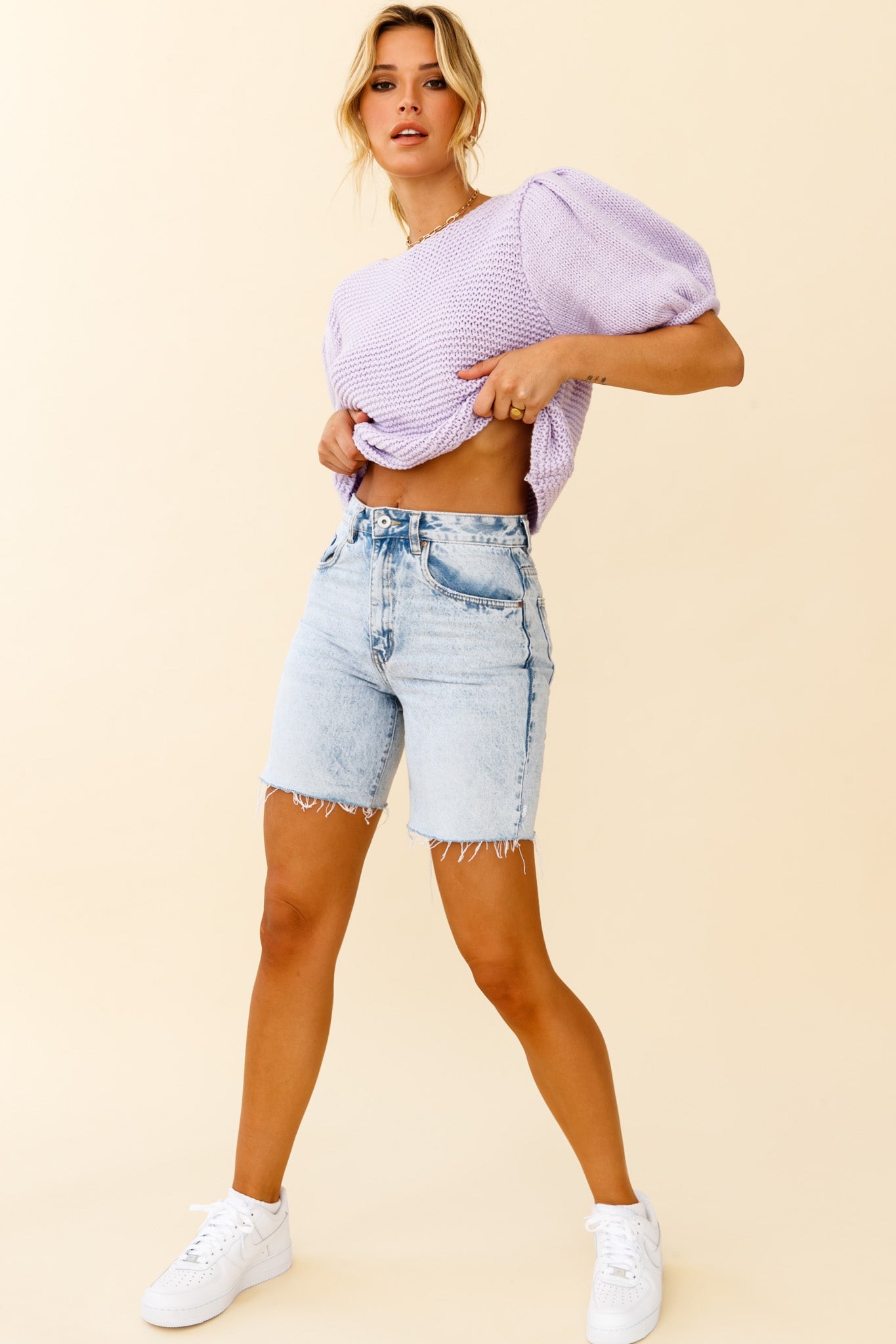 Marla Puff Sleeve Chunky Knit Top Lilac by Selfie Leslie