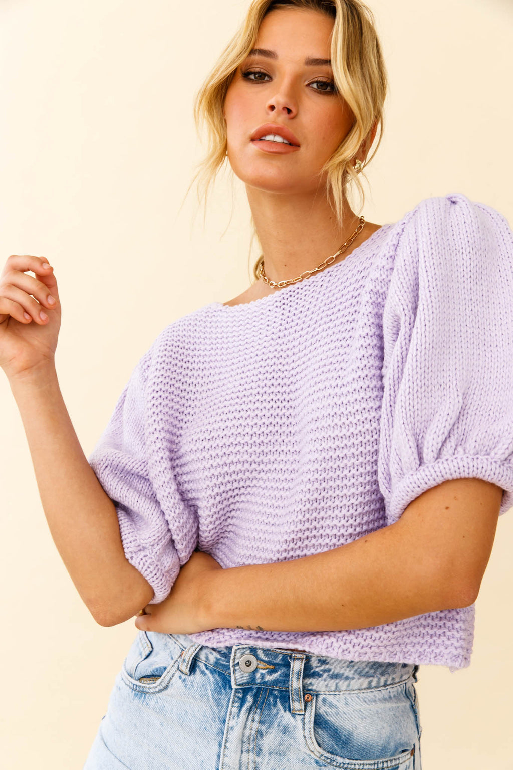 Marla Puff Sleeve Chunky Knit Top Lilac by Selfie Leslie