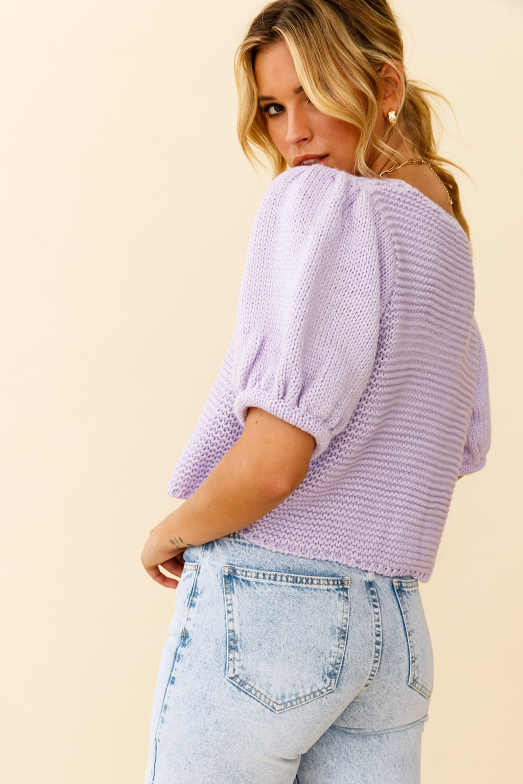 Marla Puff Sleeve Chunky Knit Top Lilac by Selfie Leslie