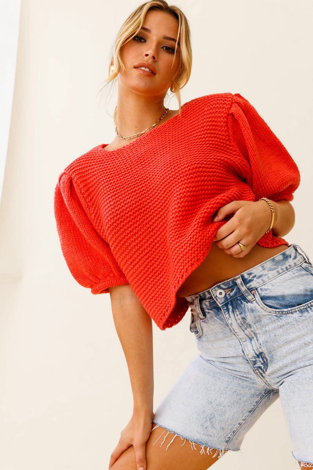 Marla Puff Sleeve Chunky Knit Top Watermelon by Selfie Leslie