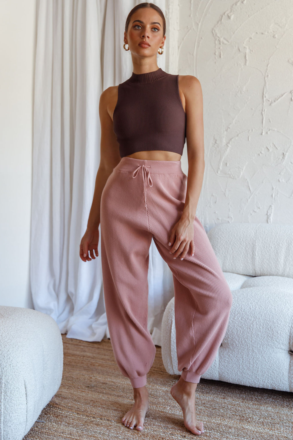 New Soul Drawstring Ribbed Knit Jogger Pants Blush by Selfie Leslie