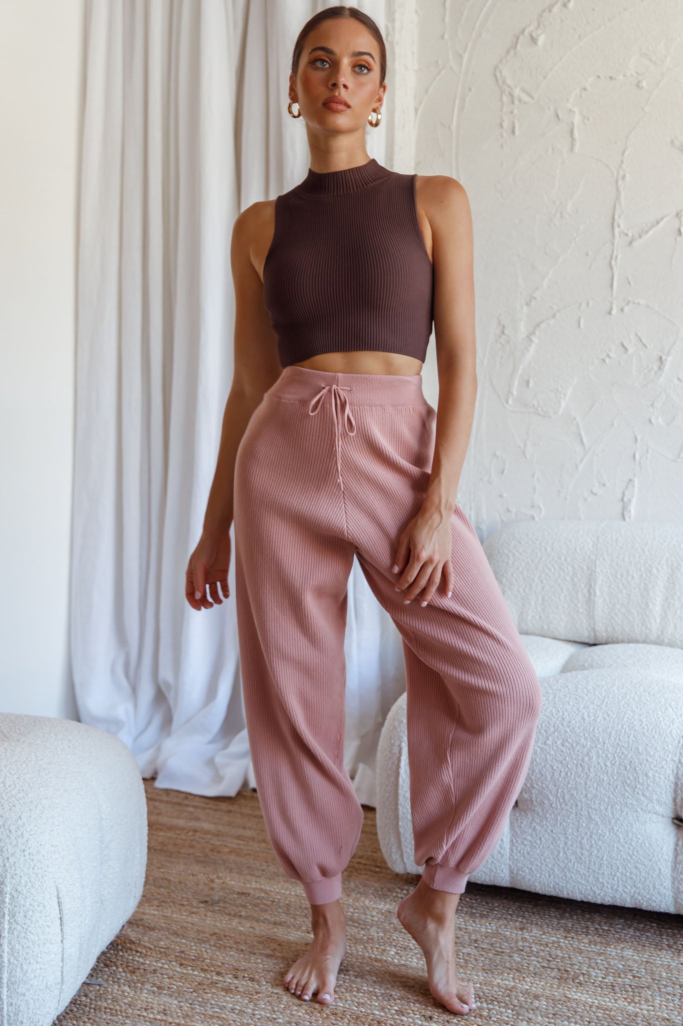 New Soul Drawstring Ribbed Knit Jogger Pants Blush by Selfie Leslie