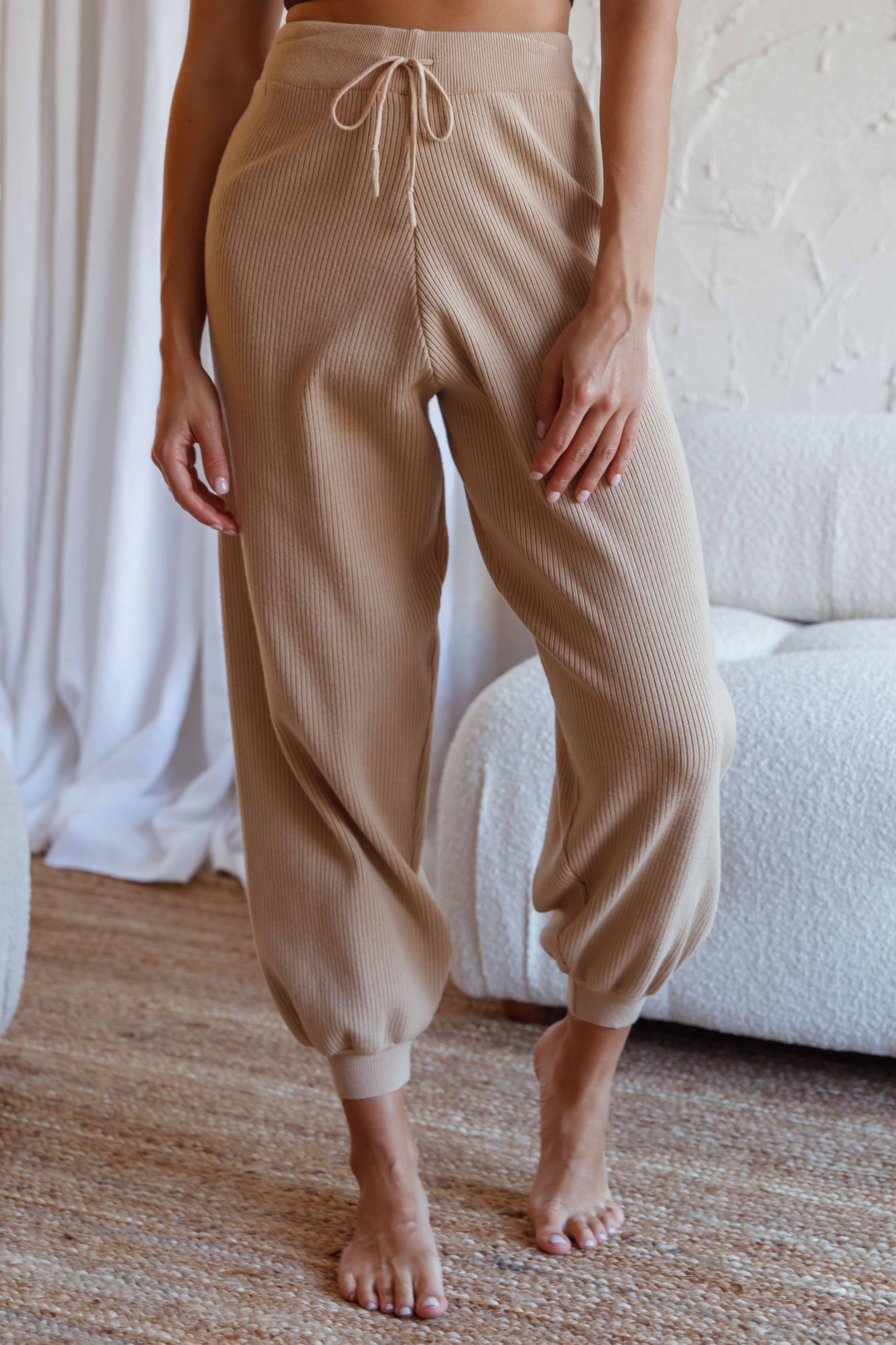 New Soul Drawstring Ribbed Knit Jogger Pants Camel by Selfie Leslie