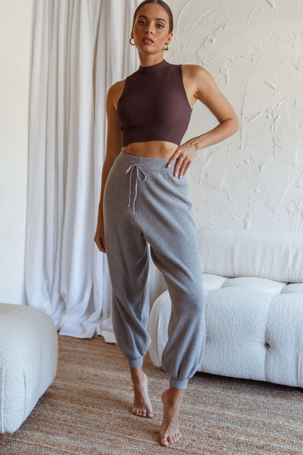 New Soul Drawstring Ribbed Knit Jogger Pants Grey Marle by Selfie Leslie