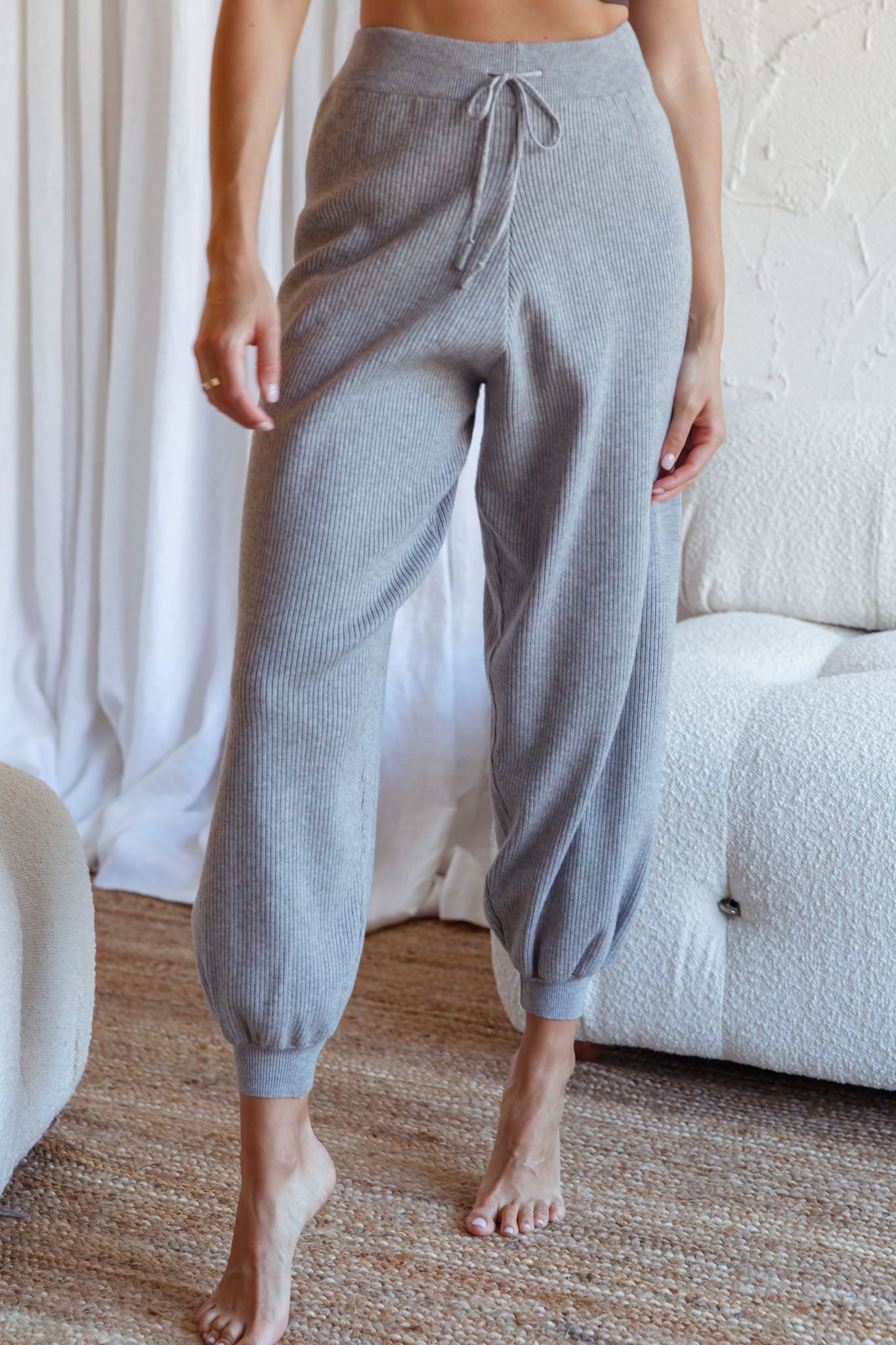 New Soul Drawstring Ribbed Knit Jogger Pants Grey Marle by Selfie Leslie