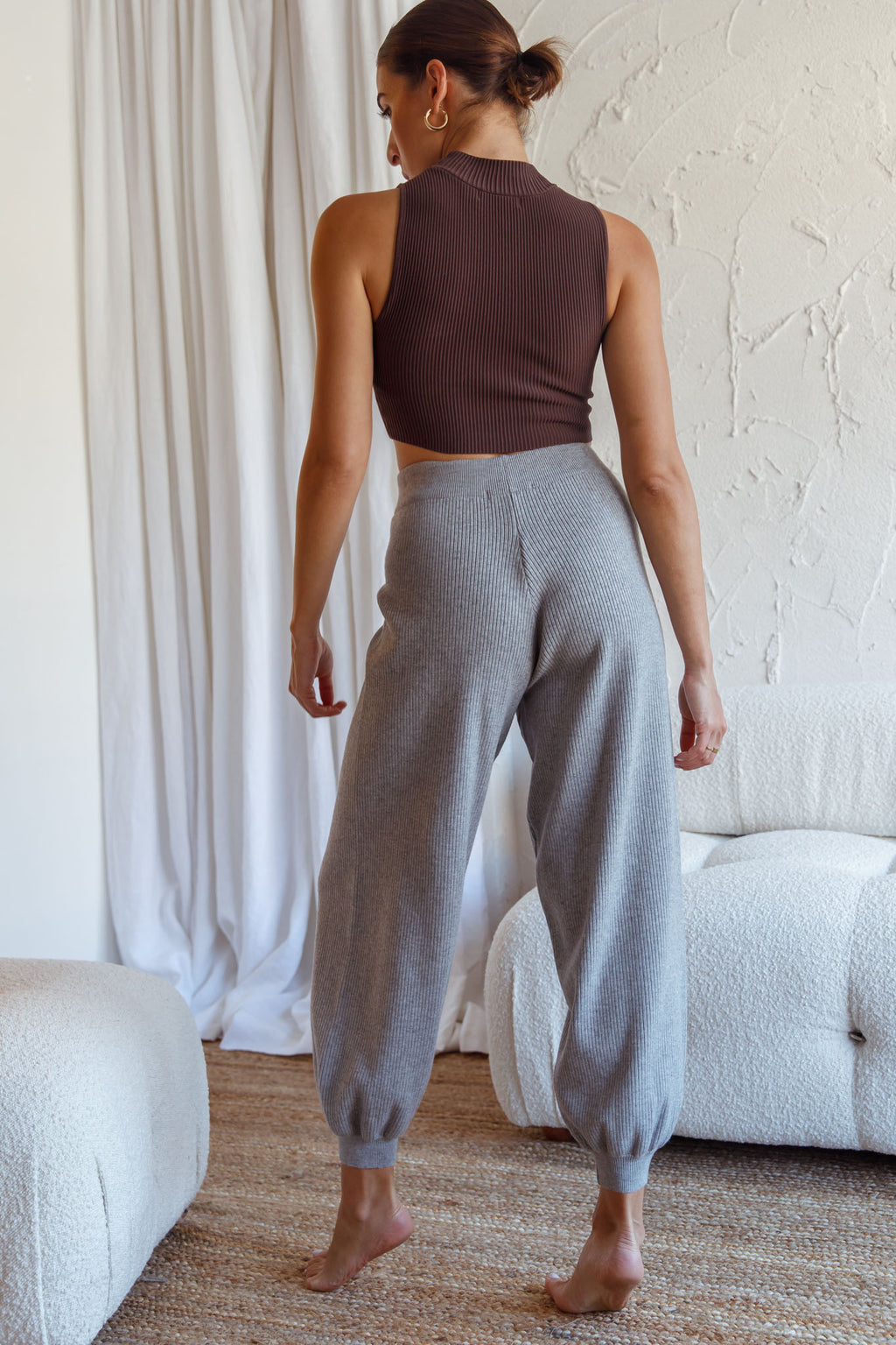 New Soul Drawstring Ribbed Knit Jogger Pants Grey Marle by Selfie Leslie