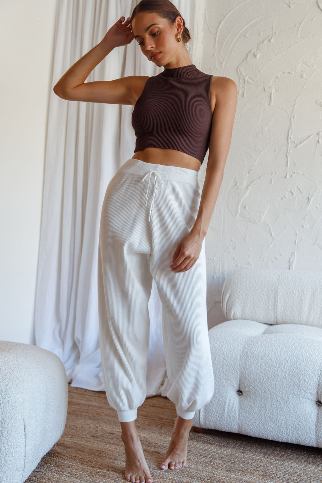 New Soul Drawstring Ribbed Knit Jogger Pants White by Selfie Leslie