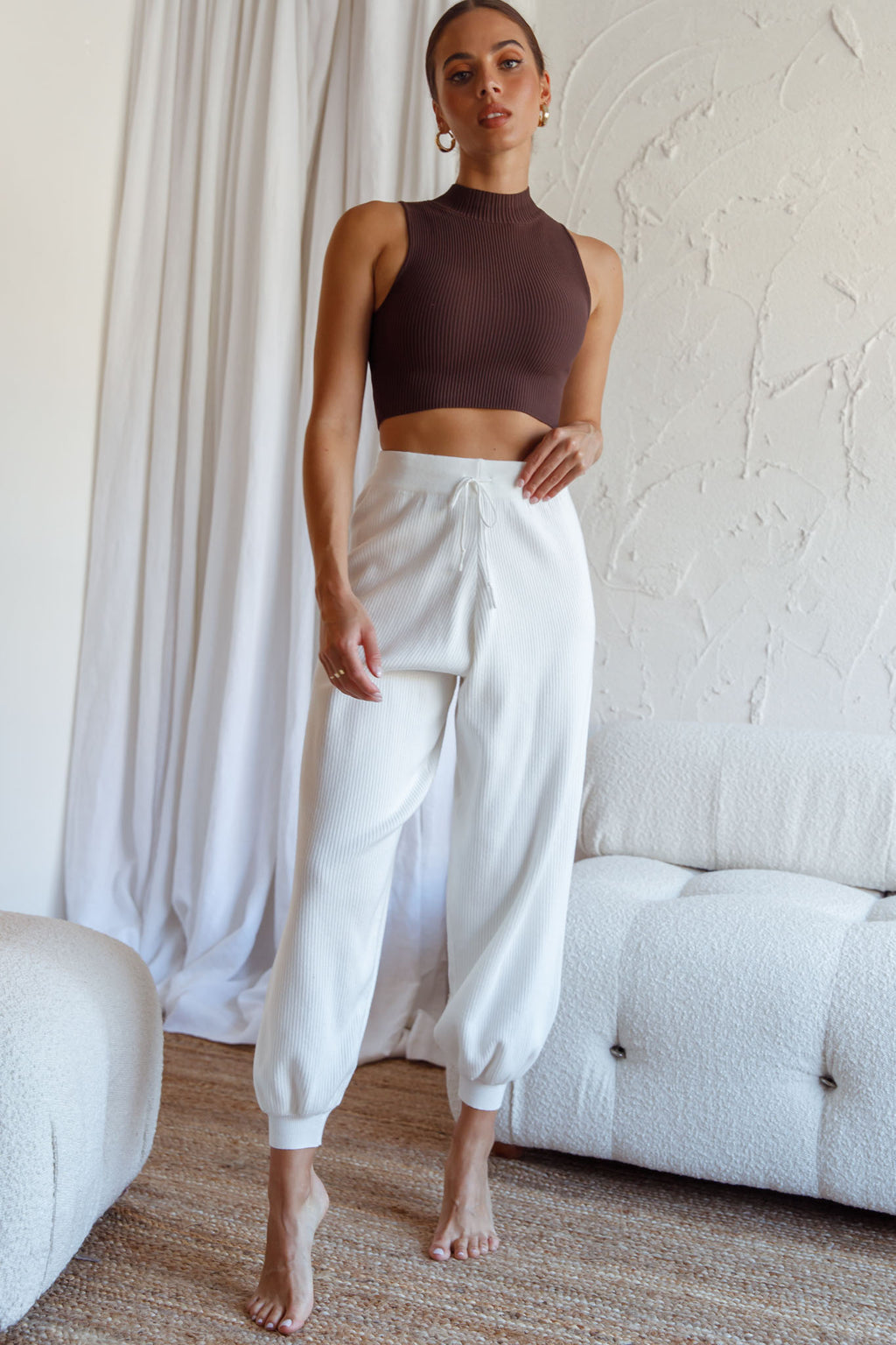New Soul Drawstring Ribbed Knit Jogger Pants White by Selfie Leslie