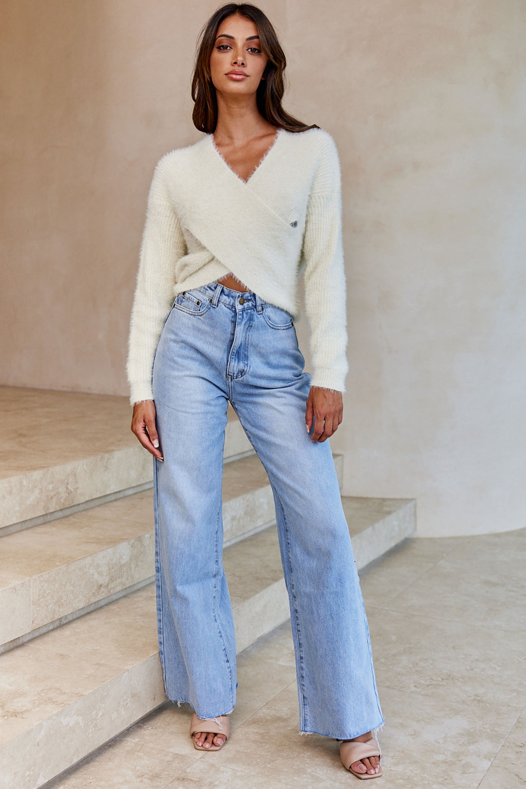 All My Love Long Sleeve Crossover Knit Sweater Off White by Selfie Leslie