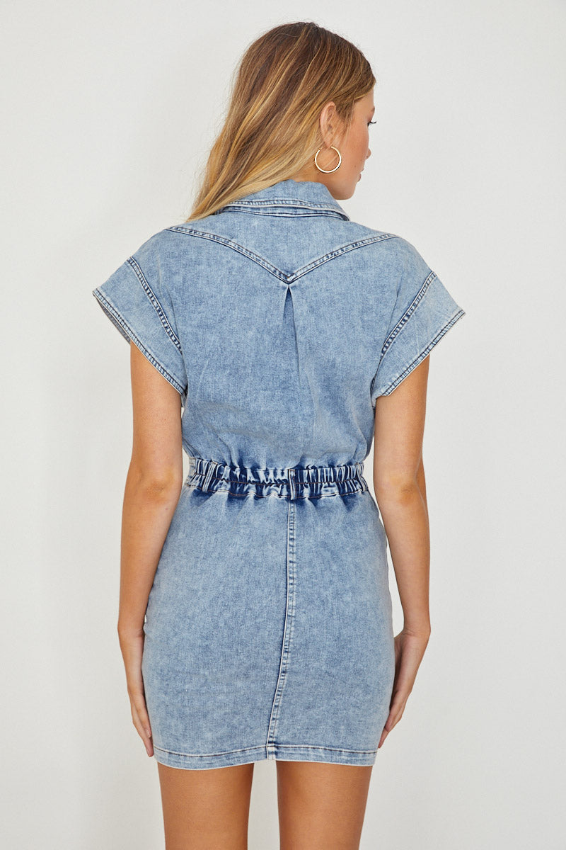 New Day Short Sleeve Button-Up Mini Dress Denim | Selfie Leslie