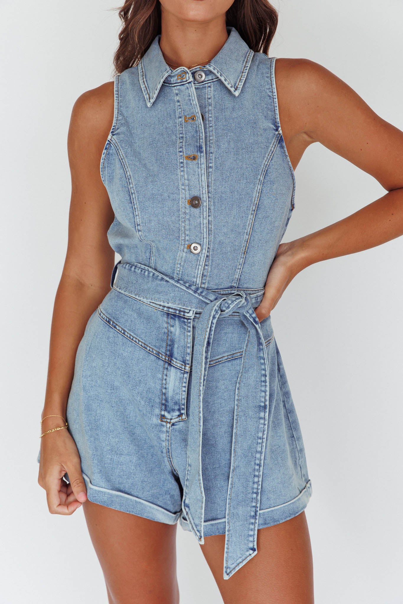 New Day Sleeveless Button-Up Romper Denim Blue by Selfie Leslie
