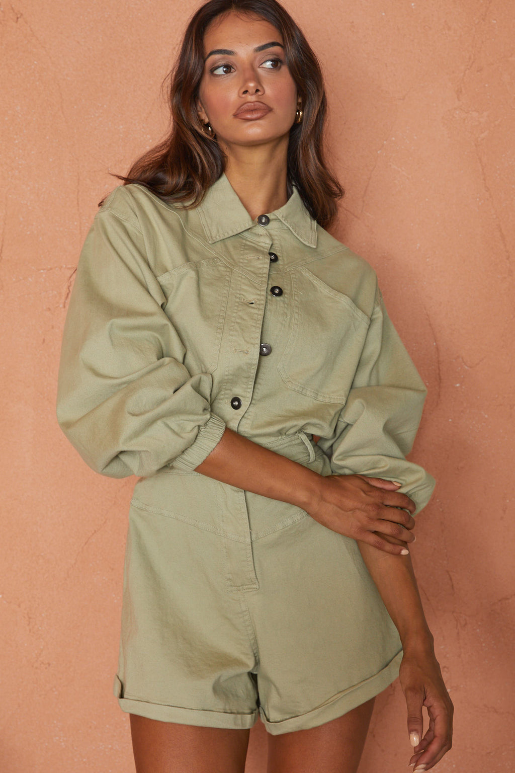 New Day Long Sleeve Button-Up Romper Sage by Selfie Leslie