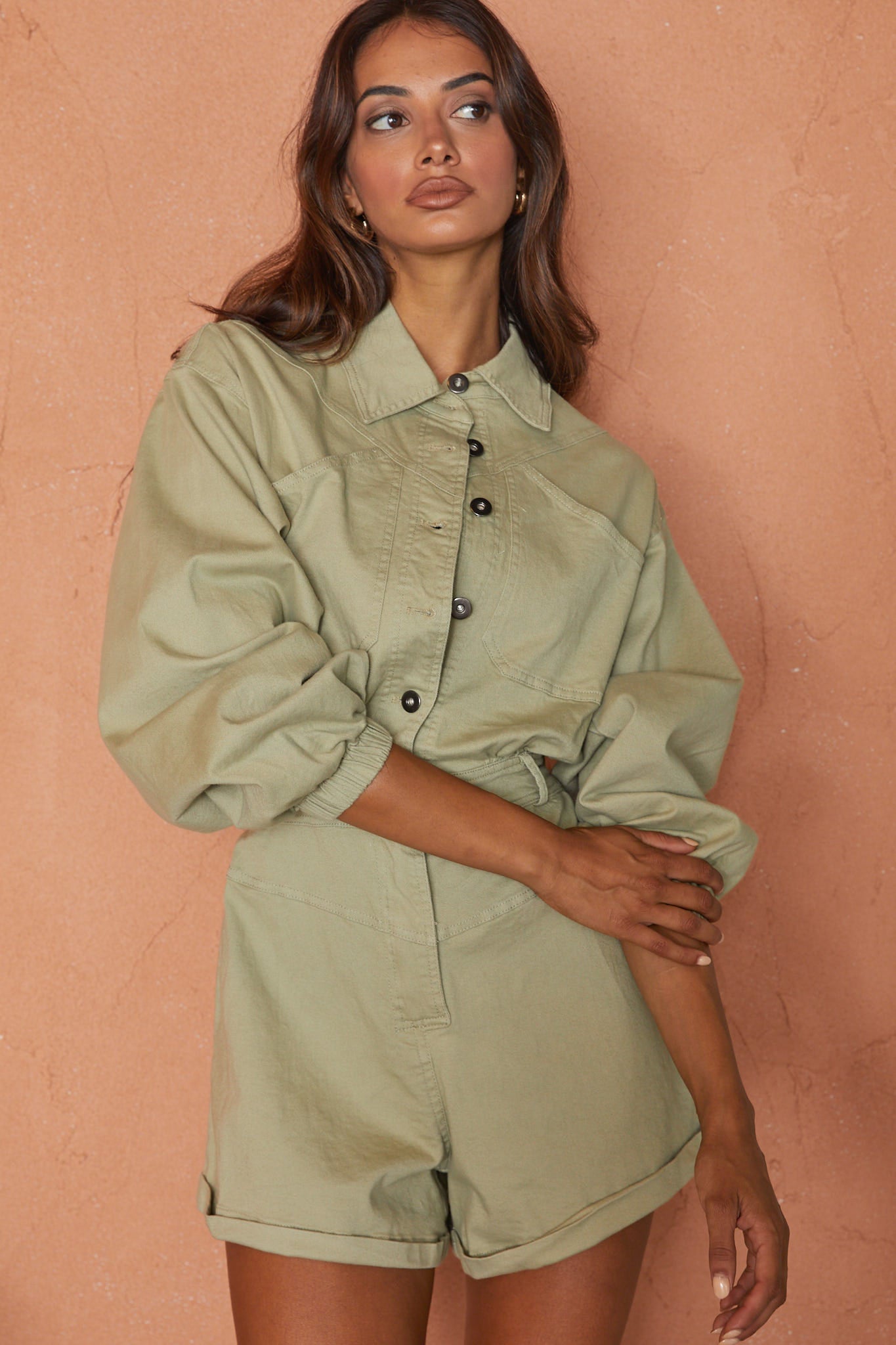 New Day Long Sleeve Button-Up Romper Sage by Selfie Leslie