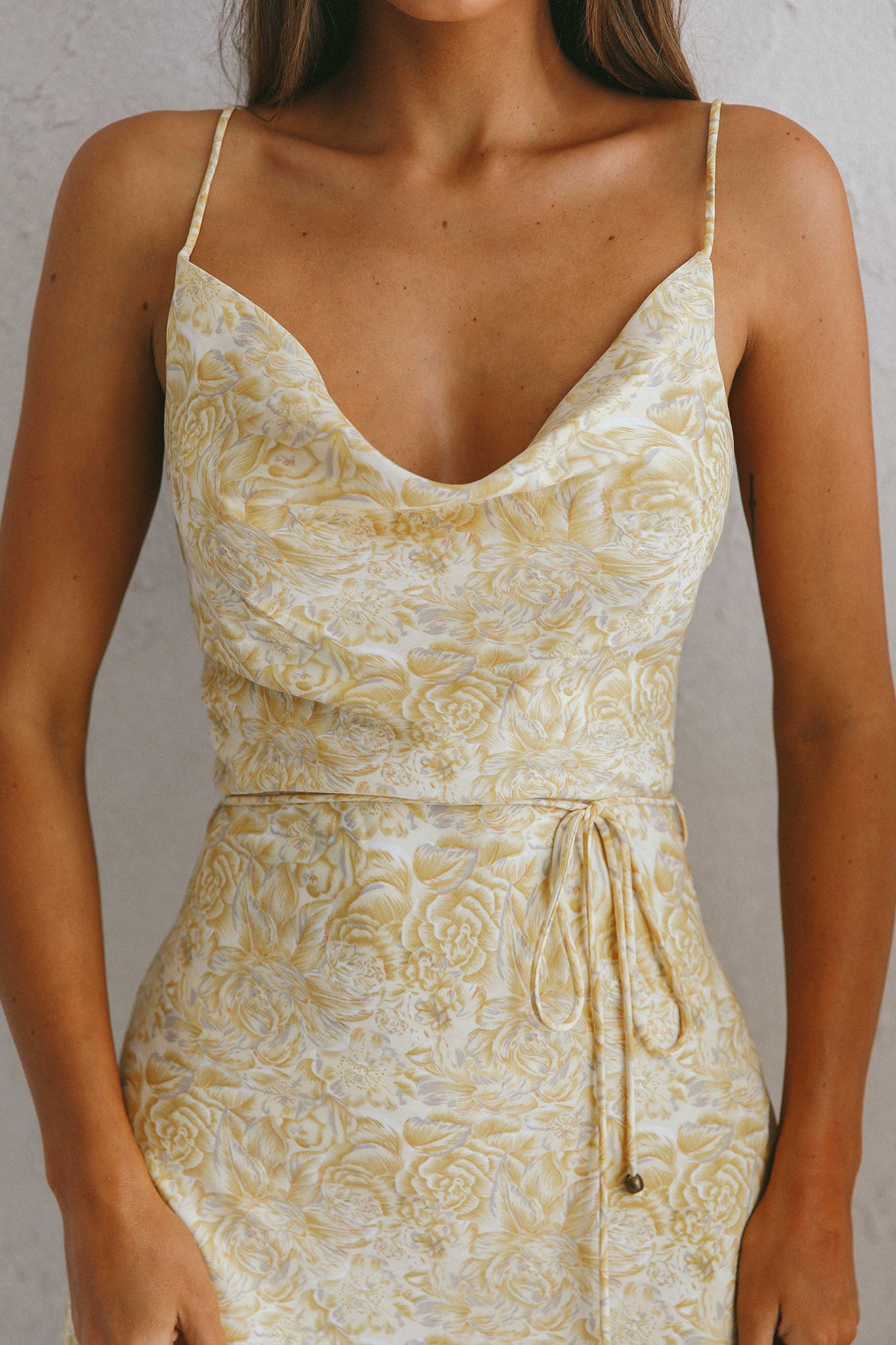 Sweet Memories Cowl Neckline Slip Dress Vintage Floral Print Yellow by Selfie Leslie