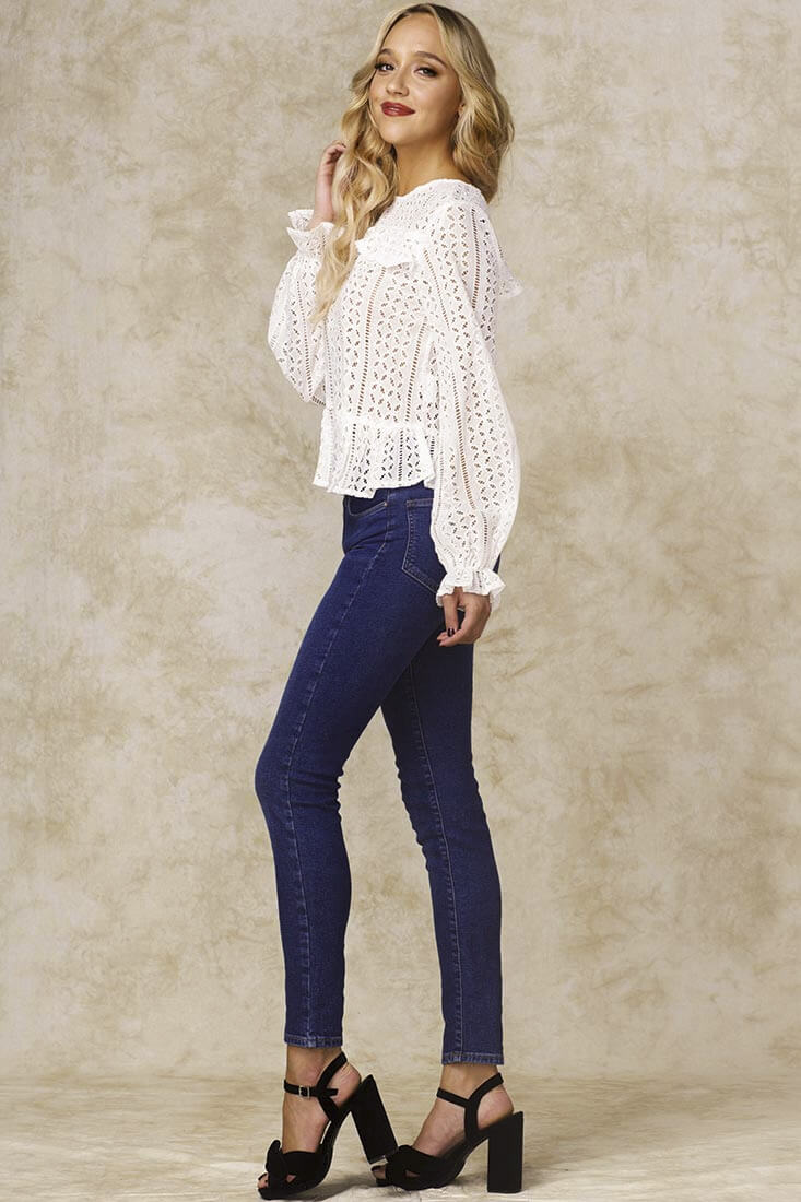 Gwendoline Mesh Long Sleeved Ruffled Shirt White by Selfie Leslie
