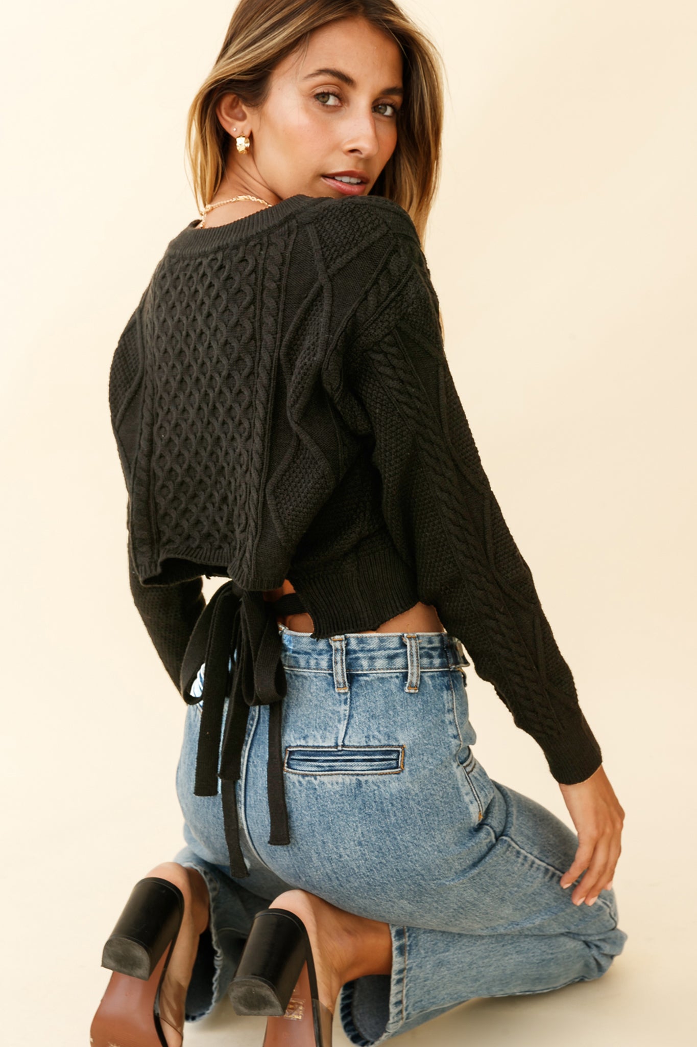 Shop the Dulce de Leche Long Sleeve Tie-Back Knit Sweater Black