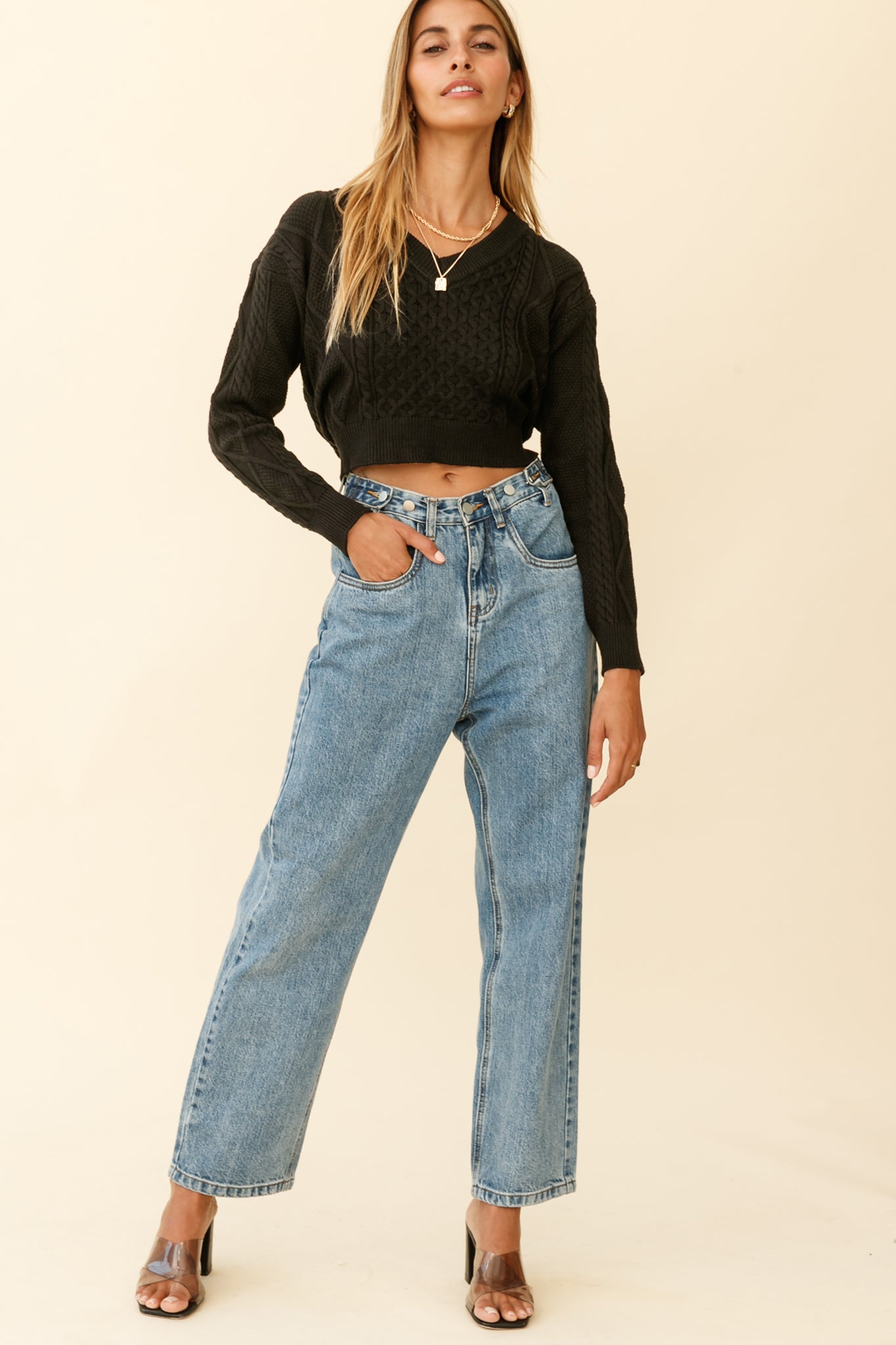 Dulce de Leche Long Sleeve Tie-Back Knit Sweater Black by Selfie Leslie
