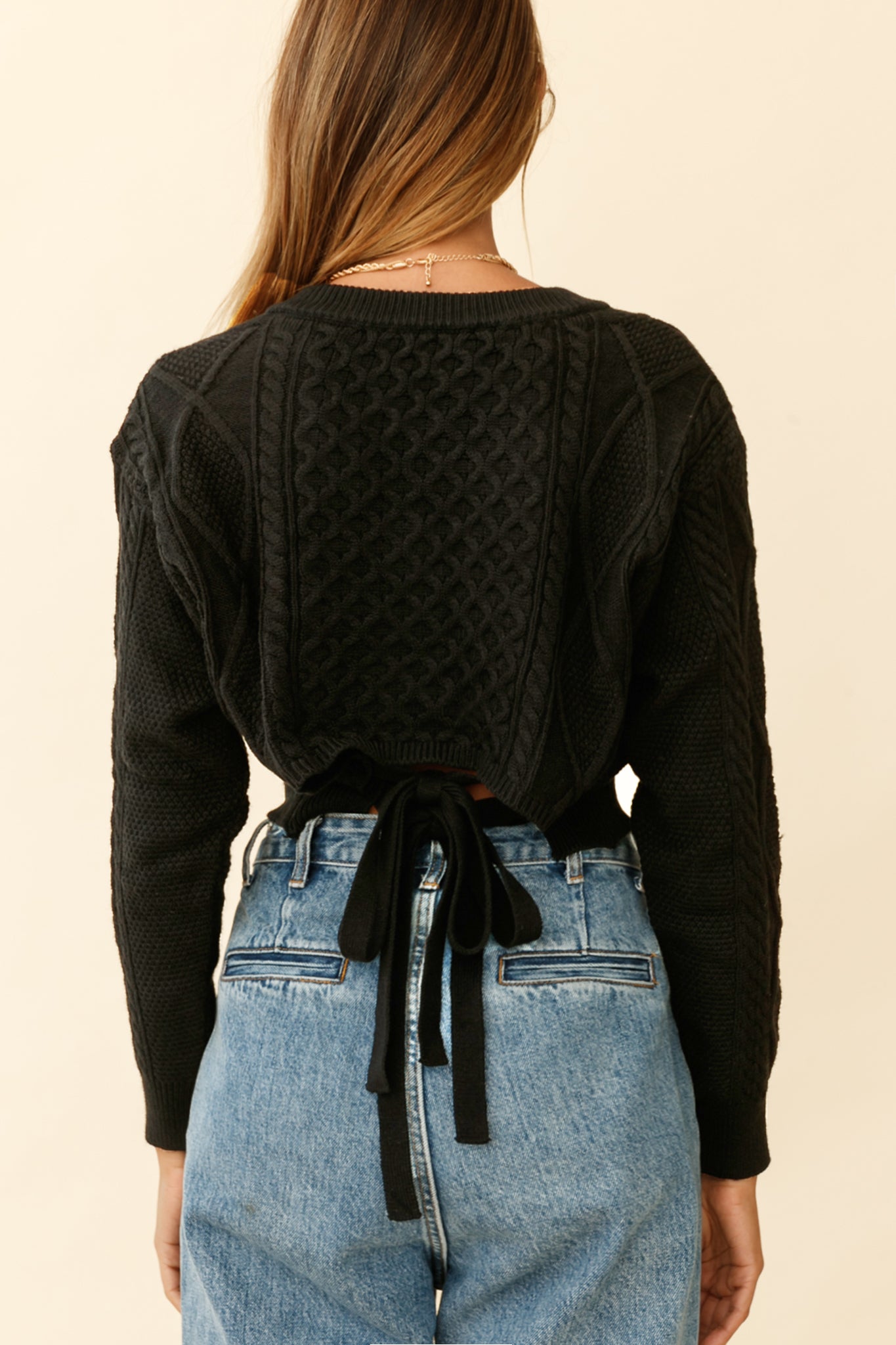 Dulce de Leche Long Sleeve Tie-Back Knit Sweater Black by Selfie Leslie