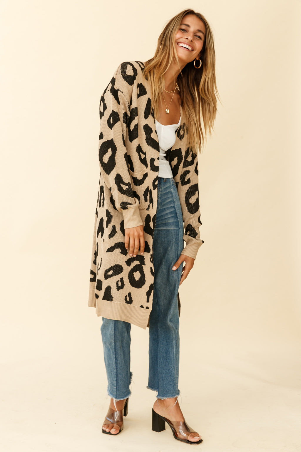 Switch It Up Longline Pocket Knit Cardigan Animal Print Beige by Selfie Leslie