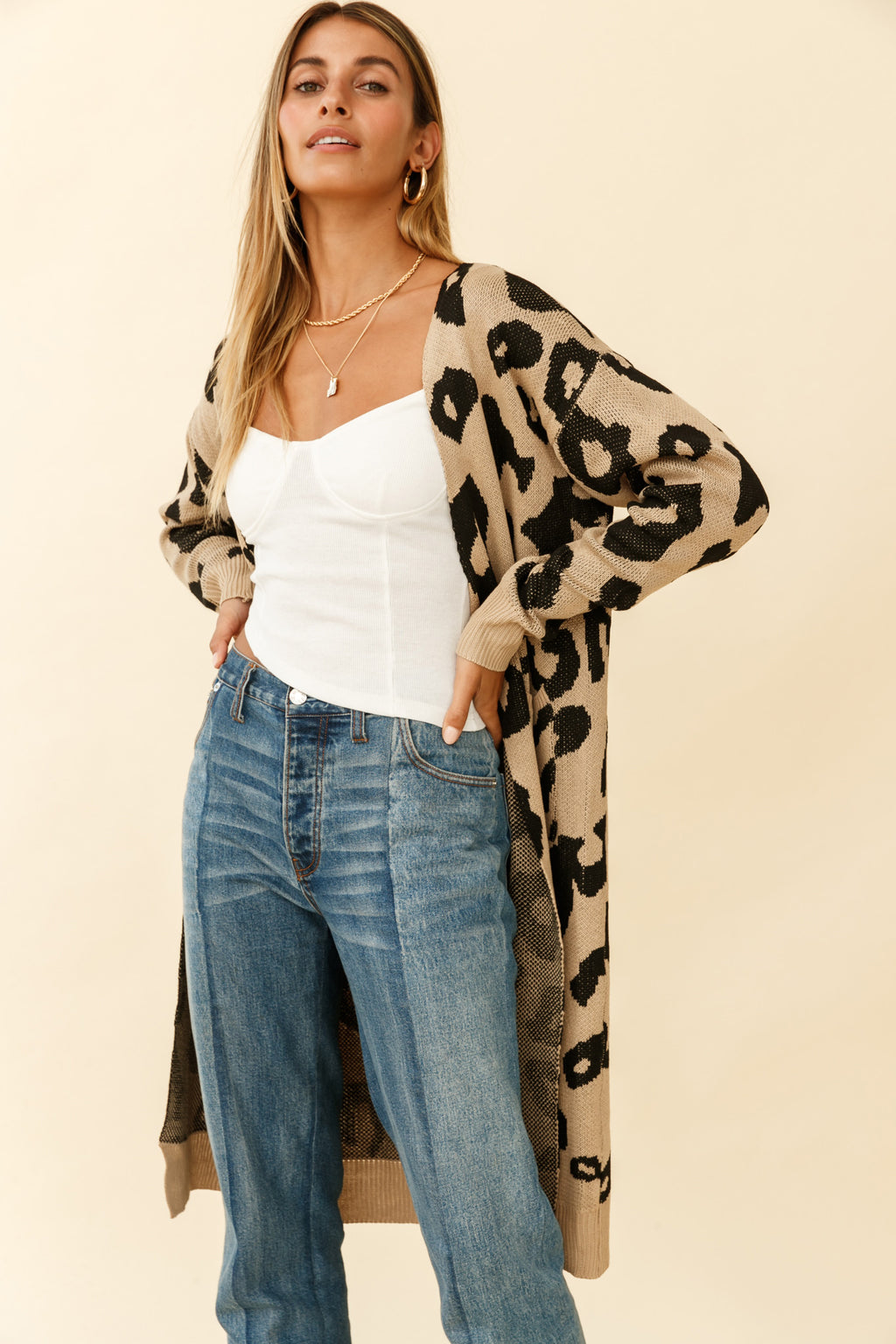 Switch It Up Longline Pocket Knit Cardigan Animal Print Beige by Selfie Leslie