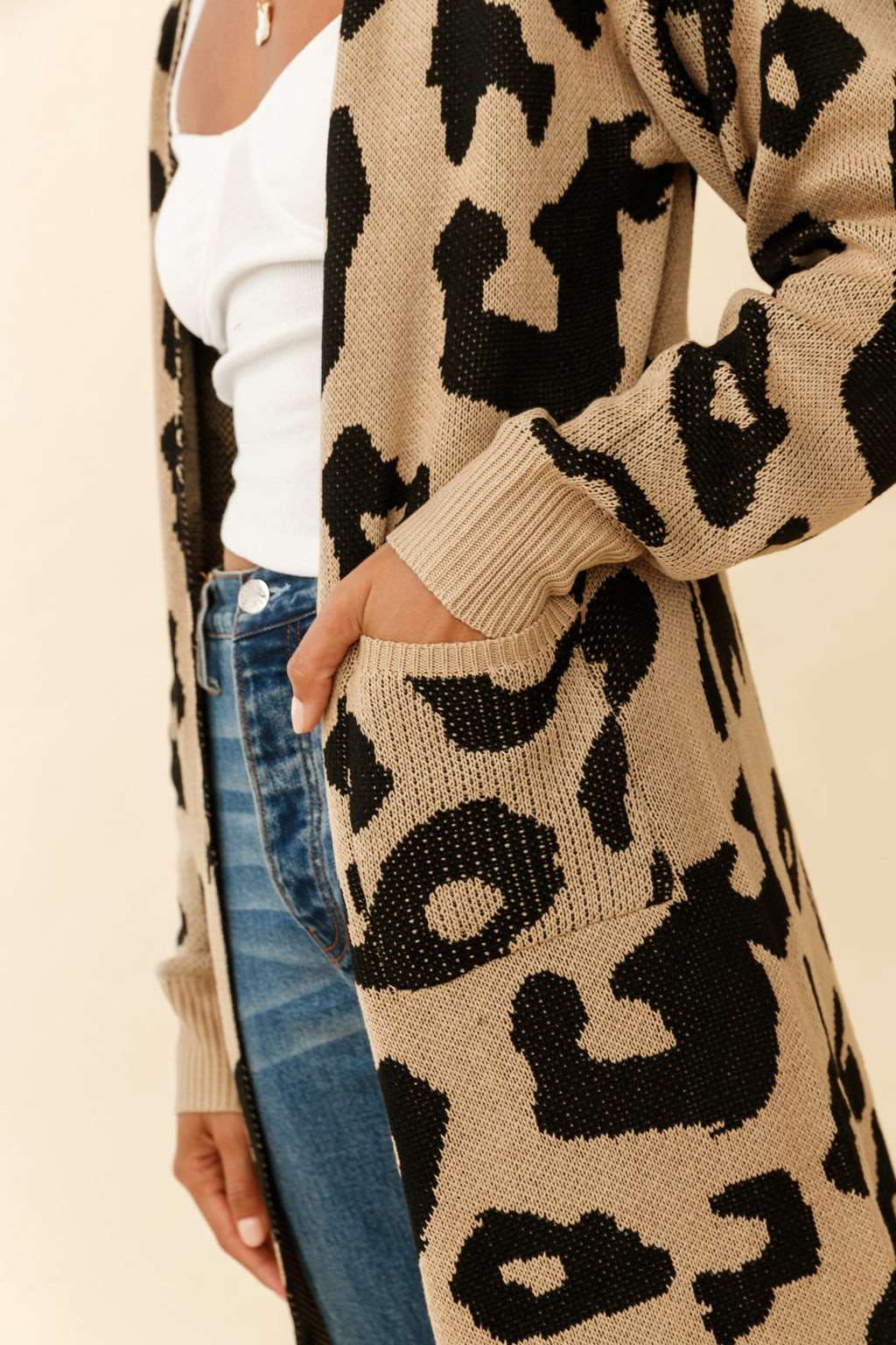 Switch It Up Longline Pocket Knit Cardigan Animal Print Beige by Selfie Leslie
