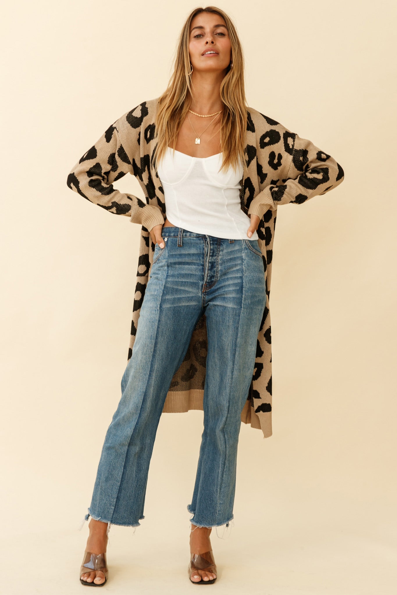 Switch It Up Longline Pocket Knit Cardigan Animal Print Beige by Selfie Leslie