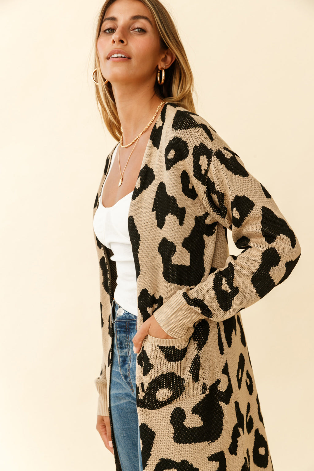 Switch It Up Longline Pocket Knit Cardigan Animal Print Beige by Selfie Leslie