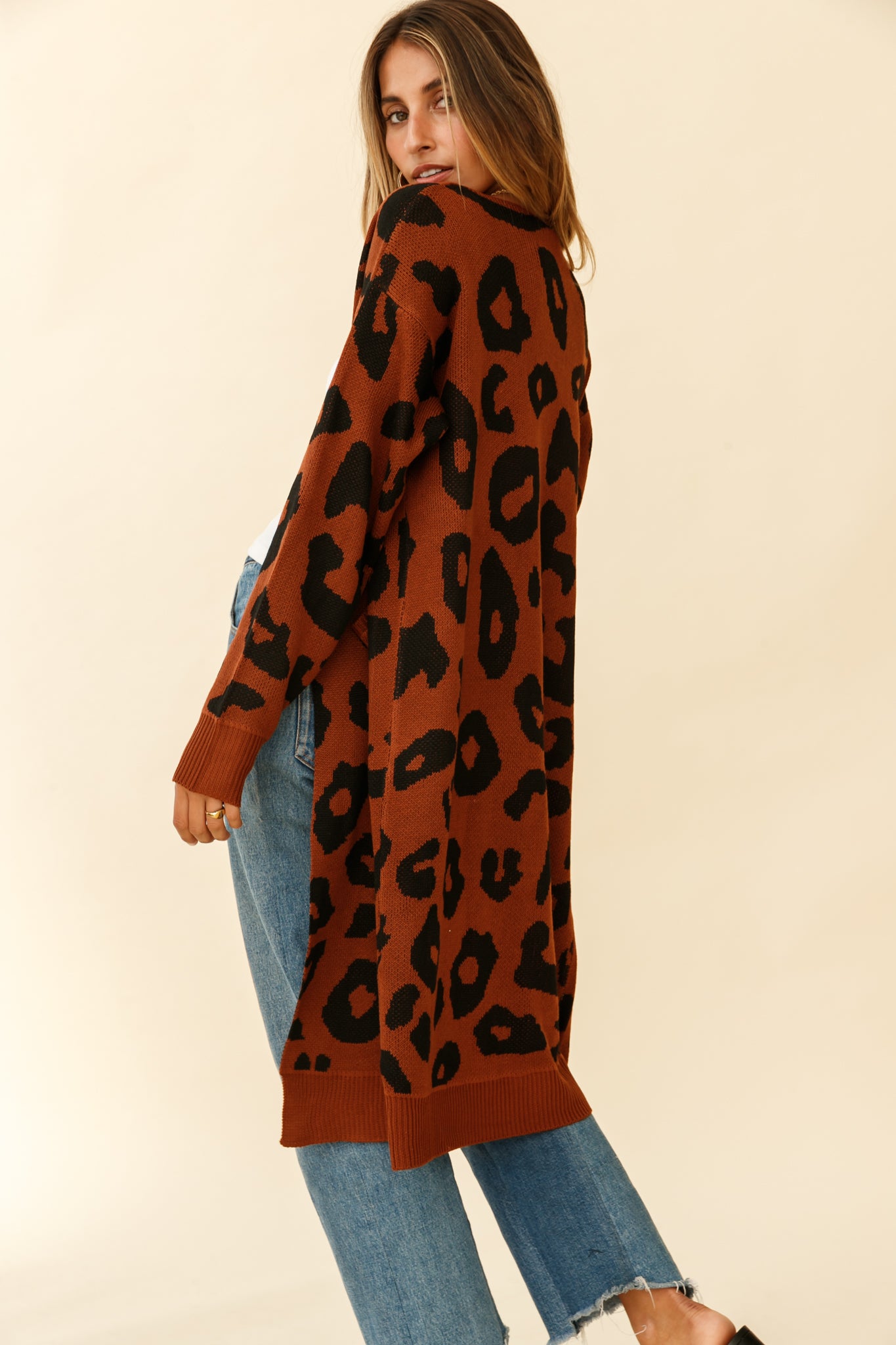 Switch It Up Longline Pocket Knit Cardigan Animal Print Brown by Selfie Leslie