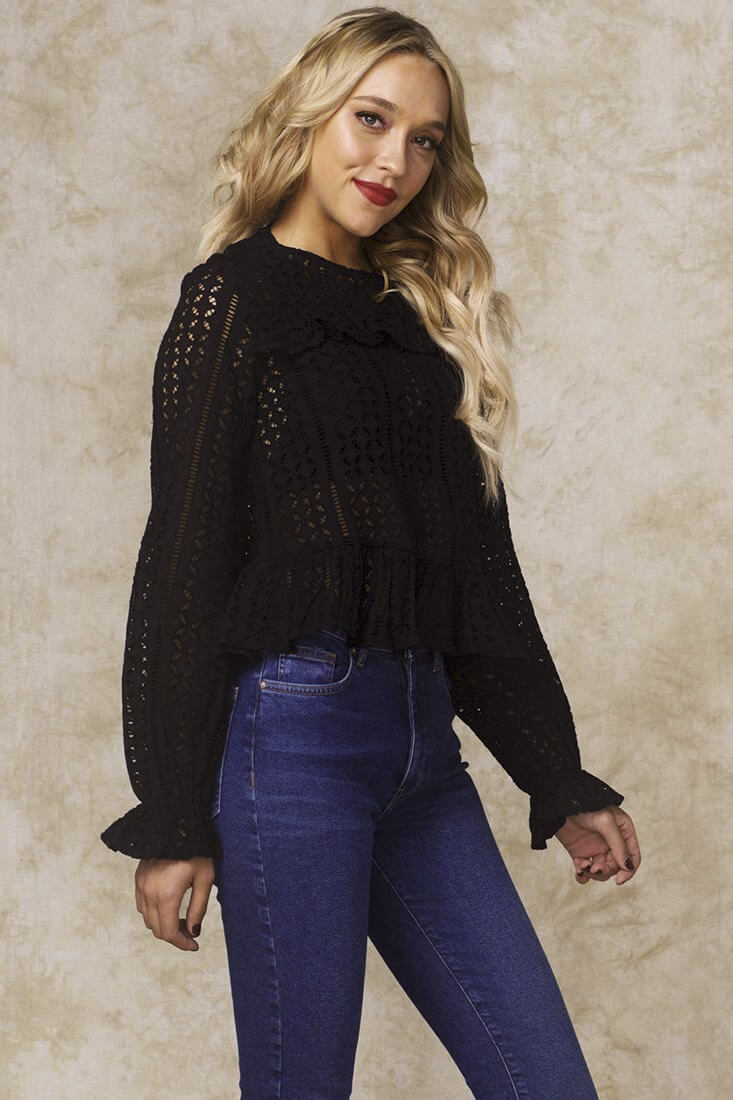 Gwendoline Mesh Long Sleeved Ruffled Shirt Black by Selfie Leslie