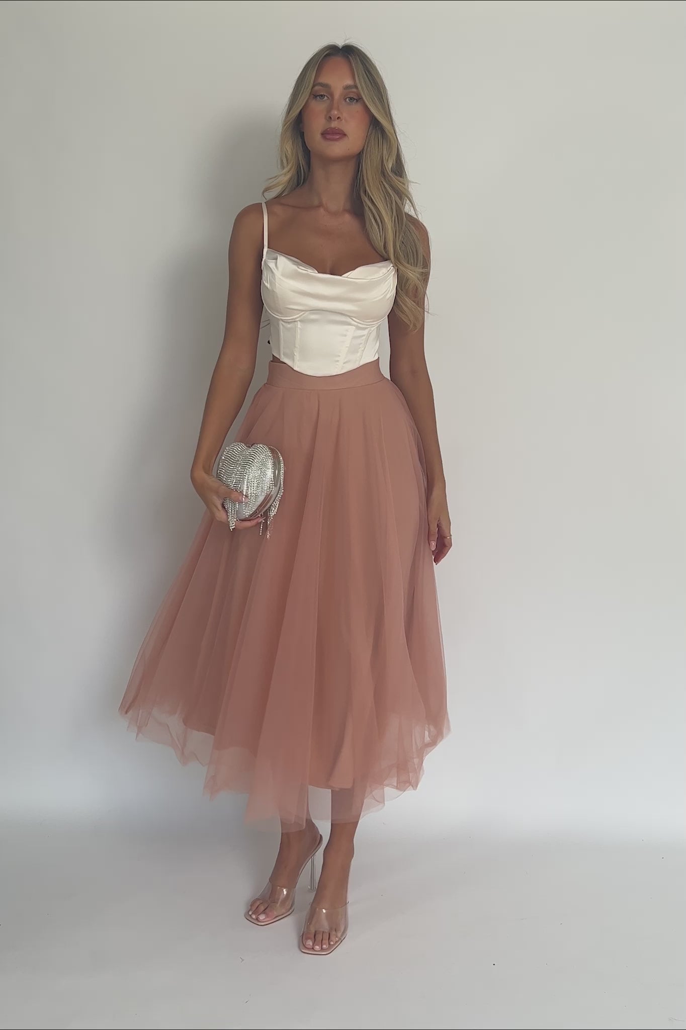Jasmine Organza Mesh Elasticated Waist Midi Skirt Lipstick