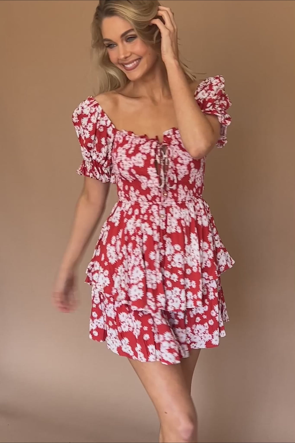 Buongiorno Bella Shirred Lace Up Mini Dress Floral Red