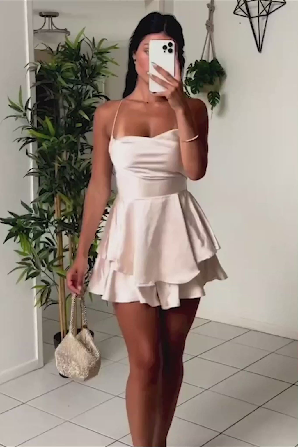 Mon Cherie Cowl Neckline Lace-Up Back Romper Champagne