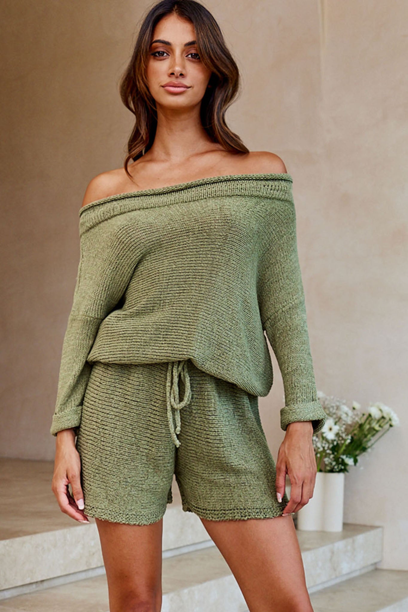 Amris Off-Shoulder Long Sleeve Knit Romper Khaki by Selfie Leslie