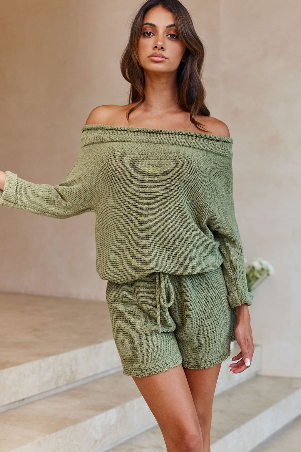 Amris Off-Shoulder Long Sleeve Knit Romper Khaki by Selfie Leslie